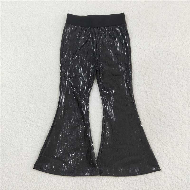 RTS NO MOQ Baby Girls Long Pants P0495 Sequin Black Bell Bottom Pants