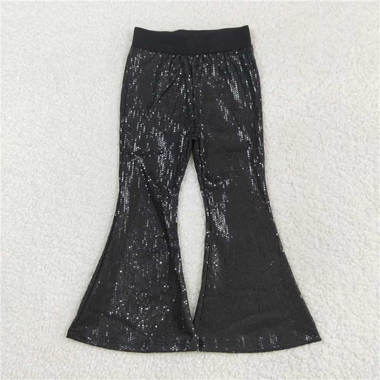 RTS NO MOQ Baby Girls Long Pants P0495 Sequin Black Bell Bottom Pants