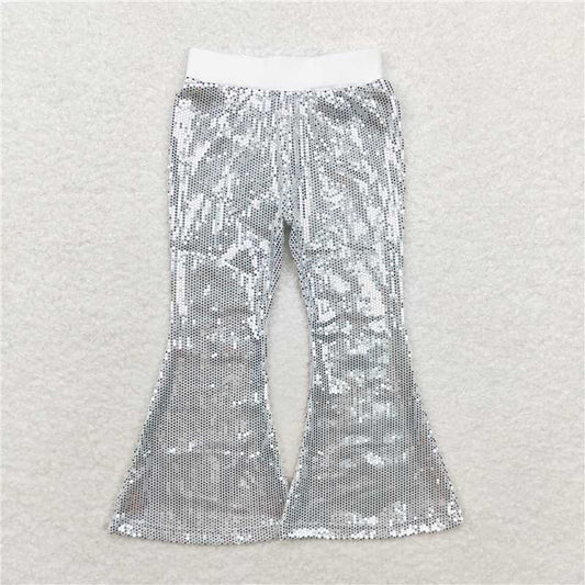 RTS NO MOQ Baby Girls Long Pants P0496 Sequin Silver Bell Bottom Pants