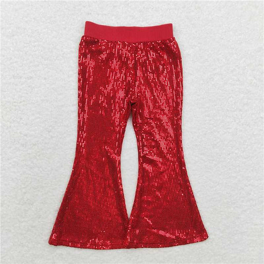 RTS NO MOQ Baby Girls Long Pants P0497 Sequin Red Bell Bottom Pants