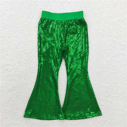 RTS NO MOQ Baby Girls Long Pants P0498 Sequin Green Bell Bottom Pants