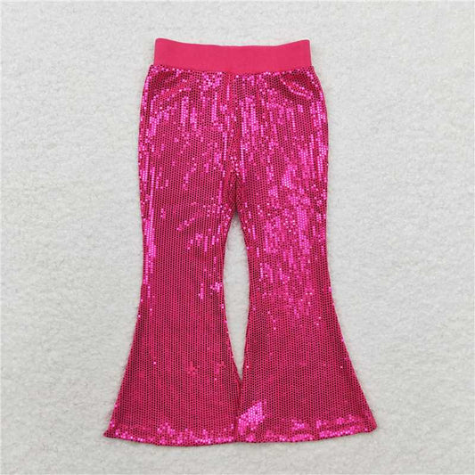 RTS NO MOQ Baby Girls Long Pants P0499 Sequin Hot Pink Bell Bottom Pants