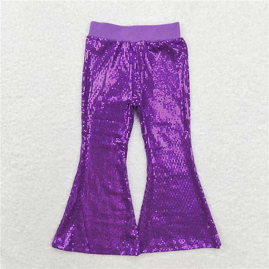 RTS NO MOQ Baby Girls Long Pants P0500 Sequin Purple Bell Bottom Pants