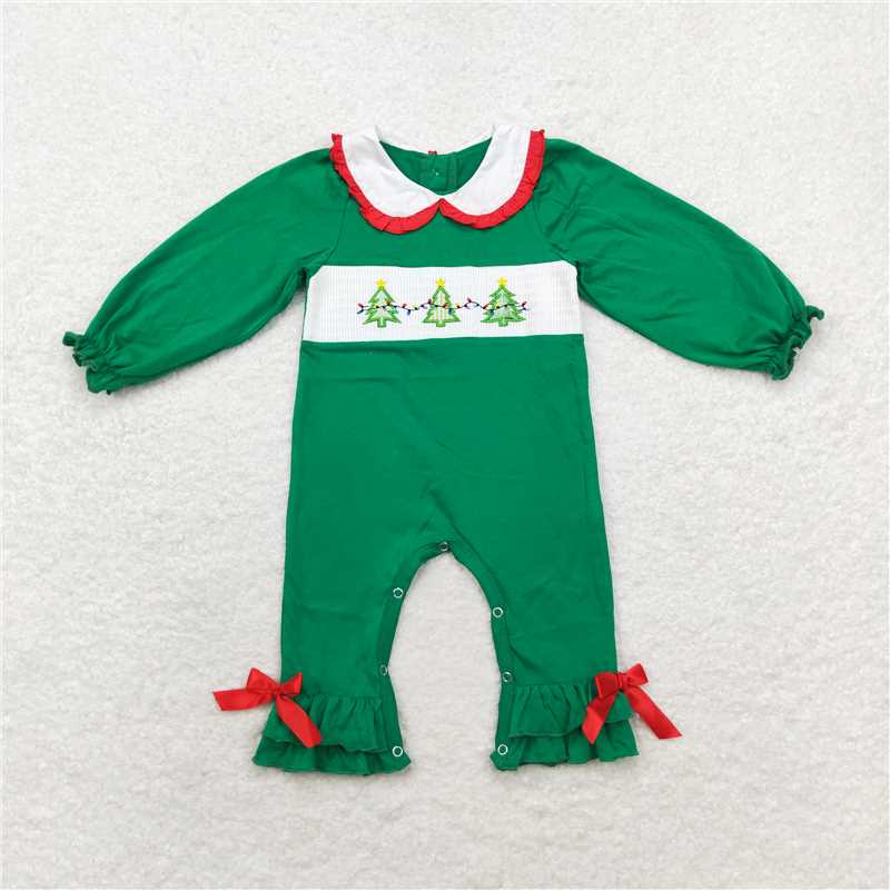 5.19 RTS NO MOQ Baby Girls Bodysuit LR1119 Christmas Tree Green Smocked Rompers