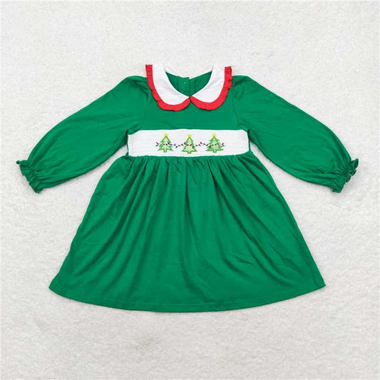 5.15 RTS NO MOQ Baby Girls Long Sleeve GLD0559 Christmas Tree Green Knee Length Smocked Dresses