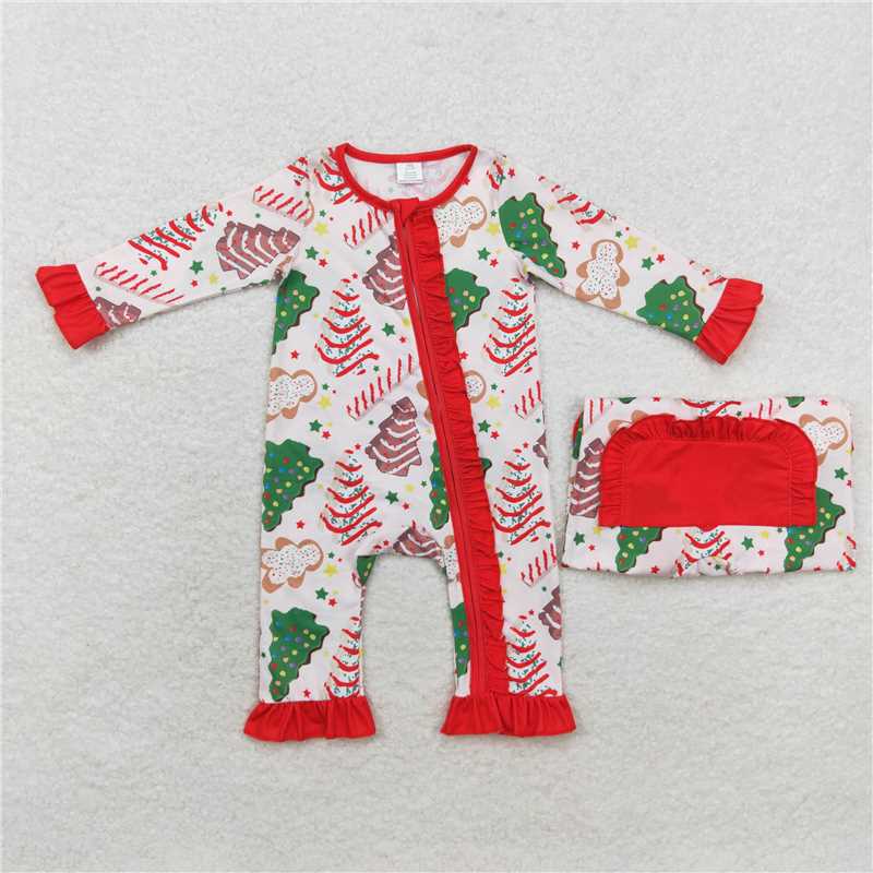 6.19 RTS NO MOQ Baby Girls Bodysuit LR1149 Christmas Tree Cake Long Sleeve Zip Rompers