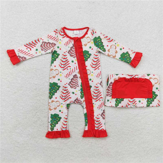 6.19 RTS NO MOQ Baby Girls Bodysuit LR1149 Christmas Tree Cake Long Sleeve Zip Rompers