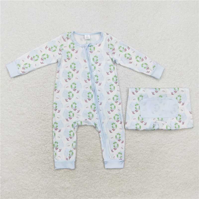 6.4 RTS NO MOQ Baby Boys Bodysuit LR1148 Christmas Light Blue Santa Zippy Rompers