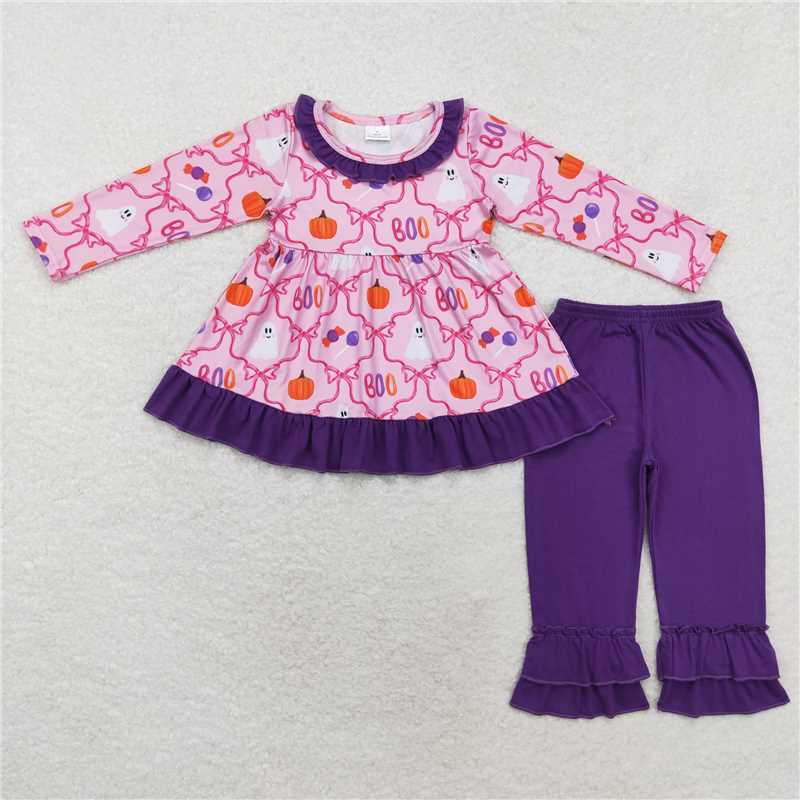 GLP1533 Baby Girls Halloween Ghost Bows Tunic Top Ruffle Pants Clothes Sets