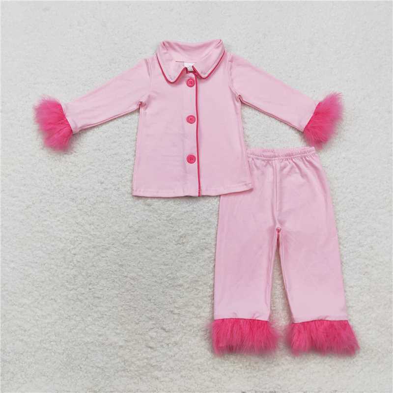 GLP1255  Baby Girls Pink Fur Top Pants Pajamas Clothes Sets