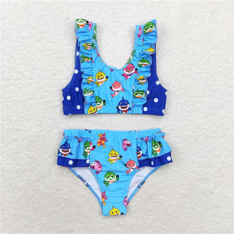 RTS NO MOQ Baby Girls Summer Sets S0280 Blue Polka Dots Two Pieces Ruffle Swimsuits