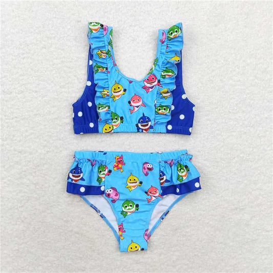 RTS NO MOQ Baby Girls Summer Sets S0280 Blue Polka Dots Two Pieces Ruffle Swimsuits