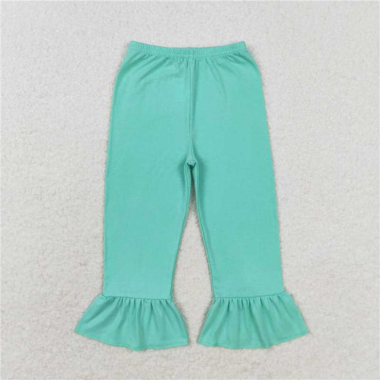 RTS NO MOQ Baby Girls Long Pants P0611 Ruffle Green Cotton One Layer Bottom Pants