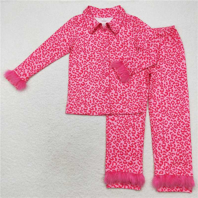 RTS NO MOQ Adult Women Long Sleeve GLP1261 Dark Pink Leopard Button Up Top Pants Fur Pajamas