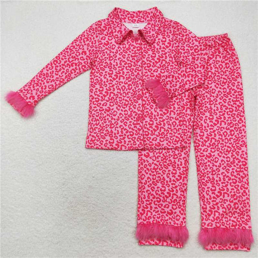 RTS NO MOQ Adult Women Long Sleeve GLP1261 Dark Pink Leopard Button Up Top Pants Fur Pajamas
