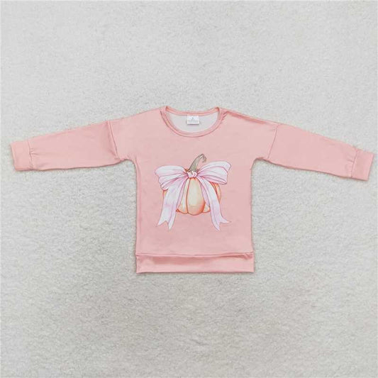 RTS NO MOQ Baby Girls Long Sleeve GT0692 Pink Pumpkin Bow Tee Shirts Tops