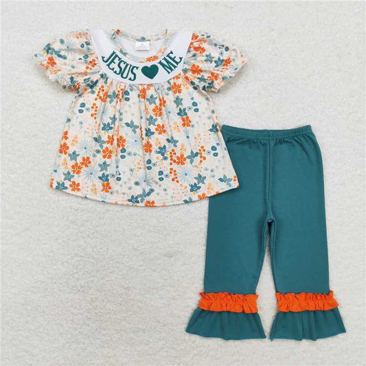 RTS NO MOQ Baby Girls Summer Kids Sets GSPO1659 Jesus Love Me Flowers Tunic Top Pants Outfits Sets