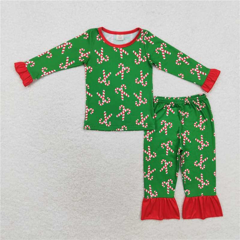 GLP1387 Baby Girls Christmas Candy Cane Top Pants Bamboo Pajamas Clothes Sets