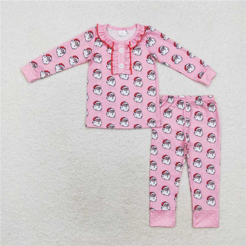 GLP1269 Baby Girls Christmas Pink Santa Ruffles Top Pants Bamboo Pajamas Clothes Sets