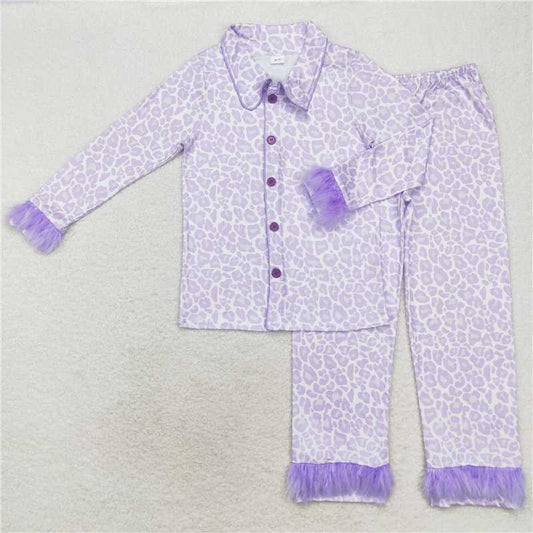 RTS NO MOQ Adult Women Long Sleeve GLP1263 Lavender Leopard Fur Button Up Top Pants Pajamas