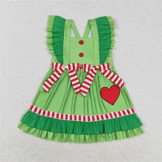 6.21 RTS NO MOQ Summer Baby Girls Dresses GSD1356 Christmas Green Hearts Bows Ruffle Knee Length Dresses
