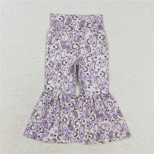 RTS NO MOQ Baby Girls Long Pants P0562 Halloween Lavender Ghost Stars Moon Bell Bottom Pants