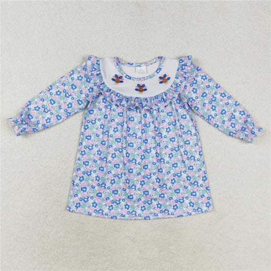 5.15 RTS NO MOQ Baby Girls Long Sleeve GLD0600 Blue Floral Thanksgiving Turkey Knee Length Dresses