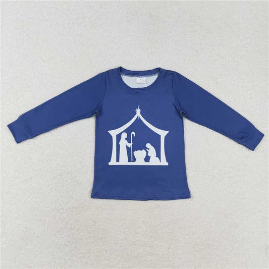 RTS NO MOQ Baby Boys Long Sleeve BT0774 Christmas Navy Nativity Tee Shirts Tops