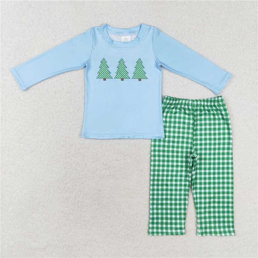 5.28 RTS NO MOQ Baby Boys Sets BLP0659 Christmas Blue Trees Shirt Pants Clothes Sets