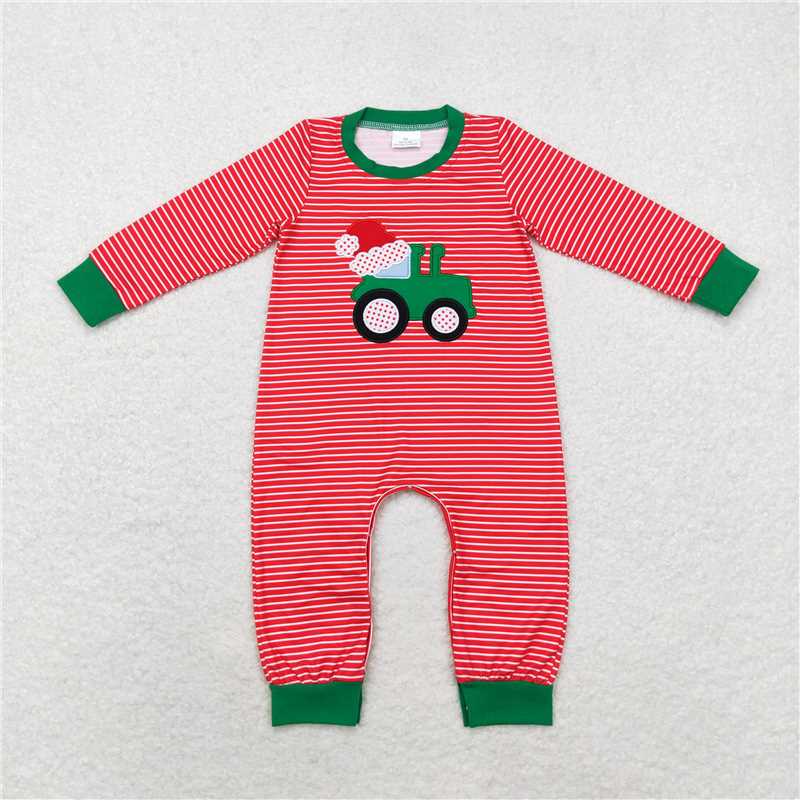 7.7 RTS NO MOQ Baby Boys Bodysuit LR1401 Christmas Red Stripes Construction Santa Hats Rompers