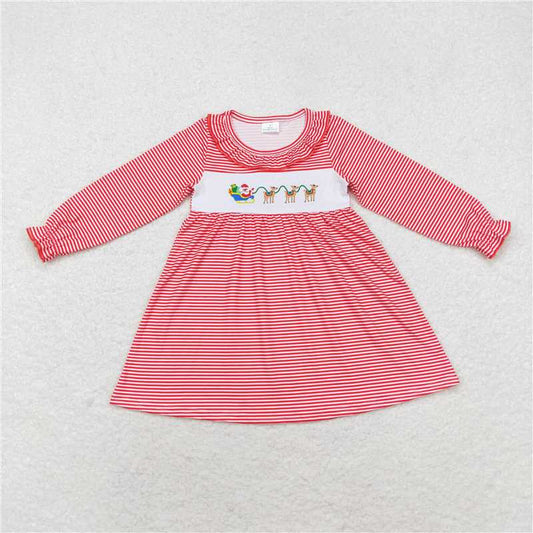 5.15 RTS NO MOQ Baby Girls Long Sleeve GLD0632 Red Stripes Christmas Santa Deers Knee Length Dresses