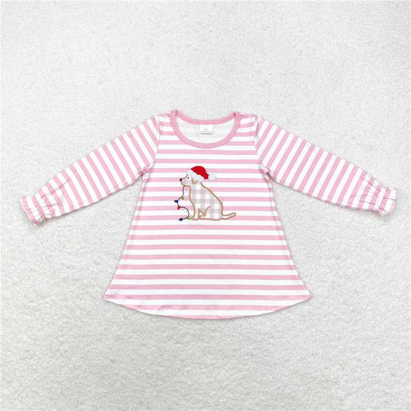 RTS NO MOQ Baby Girls Long Sleeve GT0659 Christmas Pink Stripes Dog Tee Shirts Tops