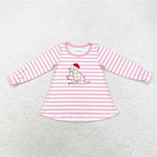 RTS NO MOQ Baby Girls Long Sleeve GT0659 Christmas Pink Stripes Dog Tee Shirts Tops