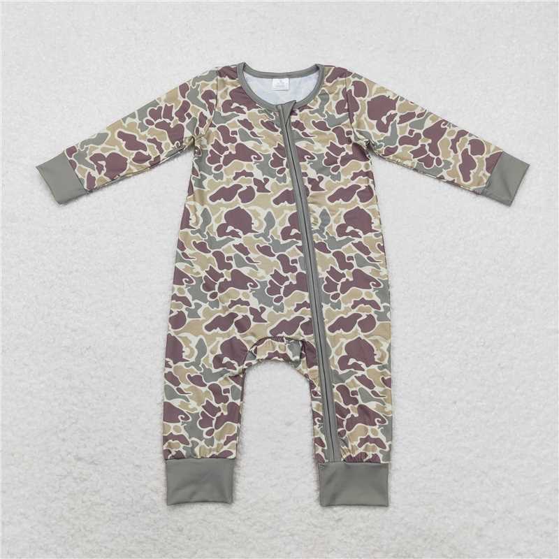6.4 RTS NO MOQ Baby Boys Bodysuit LR1451 Camo Green Fall Zip Bamboo Rompers