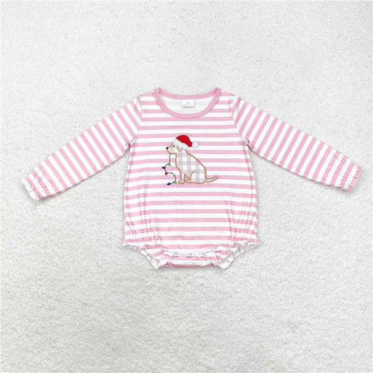 5.19 RTS NO MOQ Baby Girls Bodysuit LR1306 Christmas Pink Stripes Dog Long Sleeve Rompers