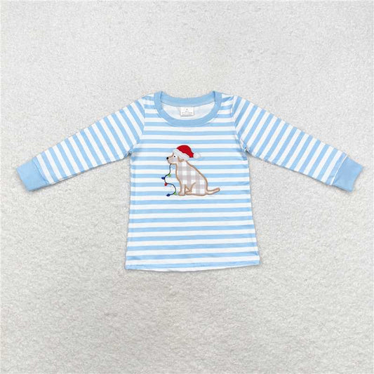 5.20 RTS NO MOQ Baby Boys Long Sleeve BT0791 Christmas Blue Stripes Dog Tee Shirts Tops