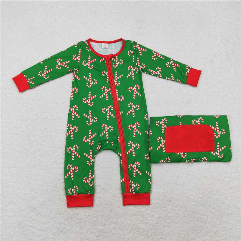 6.4 RTS NO MOQ Baby Boys Bodysuit LR1237 Christmas Candy Cane Long Sleeve Zip Rompers