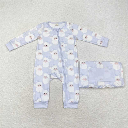 6.4 RTS NO MOQ Baby Boys Bodysuit LR1415 Christmas Light Blue Santa Zip Rompers