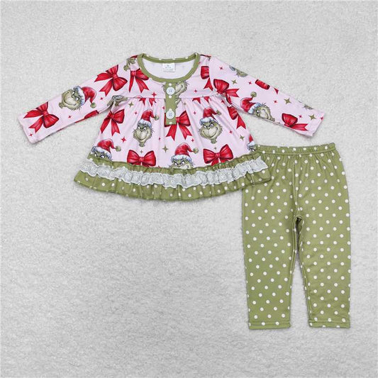 GLP1671 Baby Girls Christmas Green Face Bows Tunic Legging Clothes Sets