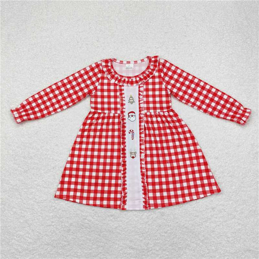 5.15 RTS NO MOQ Baby Girls Long Sleeve GLD0634 Christmas Tree Checkered Santa Knee Length Dresses