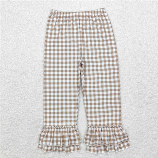RTS NO MOQ Baby Girls Long Pants P0607 Khaki Checkered Ruffle Pants