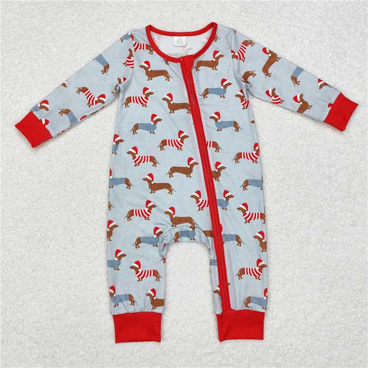 5.15 RTS NO MOQ Baby Boys Bodysuit LR1082 Christmas Dachshund Dogs Bamboo Zip Rompers