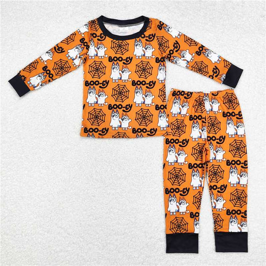 RTS NO MOQ Baby Boys Sets BLP0727 Halloween Orange Dogs Spider Top Pants Pajamas Clothes Sets