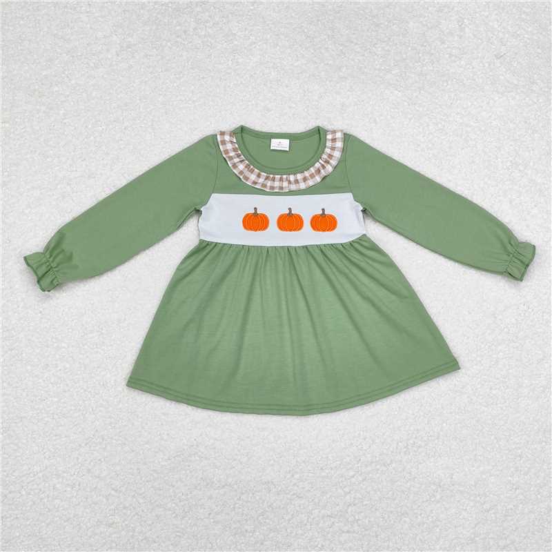 RTS NO MOQ Baby Girls Long Sleeve GT0711 Halloween Pumpkins Plaid Ruffle Tunic Tops