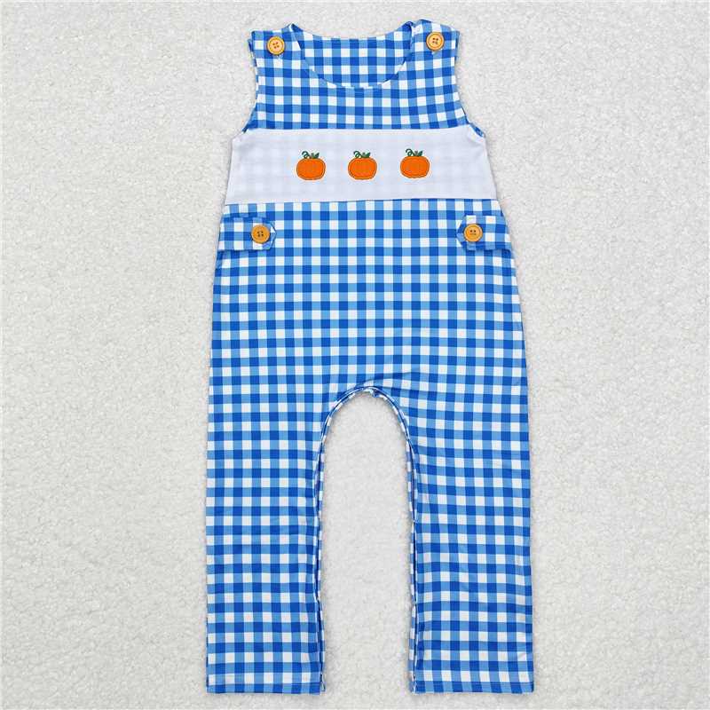 RTS NO MOQ Baby Boys Summer Bodysuit SR1949 Blue Sleeveless Checkered Pumpkin Rompers