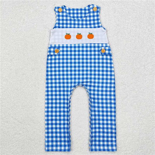 RTS NO MOQ Baby Boys Summer Bodysuit SR1949 Blue Sleeveless Checkered Pumpkin Rompers
