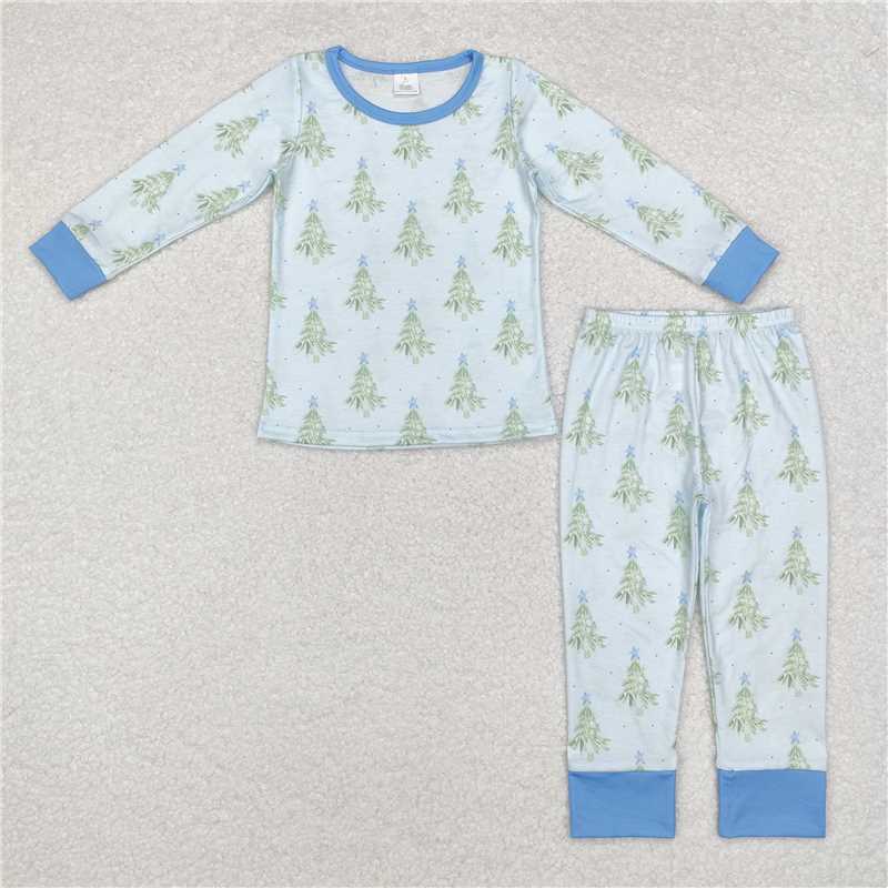 5.28 RTS NO MOQ Baby Boys Sets BLP0639 Christmas Tree Blue Bamboo Pajamas Clothes Sets