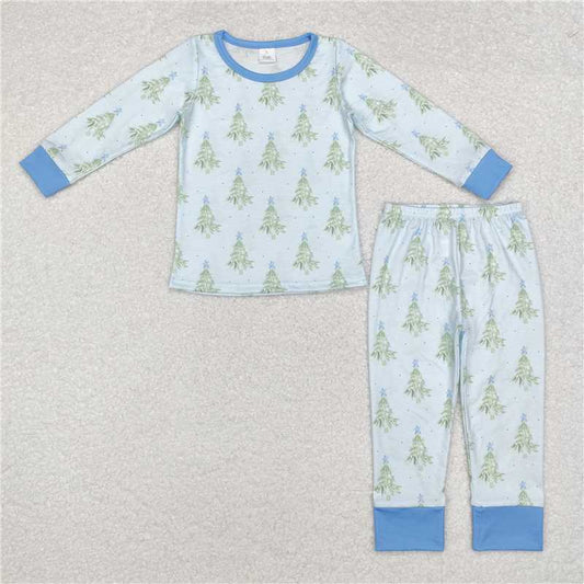 5.28 RTS NO MOQ Baby Boys Sets BLP0639 Christmas Tree Blue Bamboo Pajamas Clothes Sets