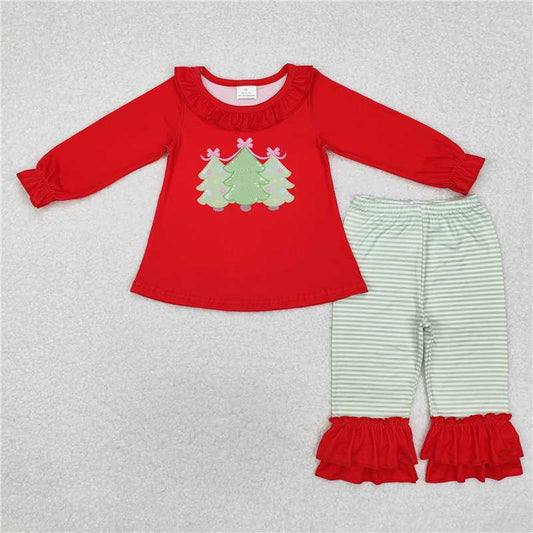 GLP1672 Baby Girls Red Christmas Tree Tunic Ruffle Pants Clothes Sets