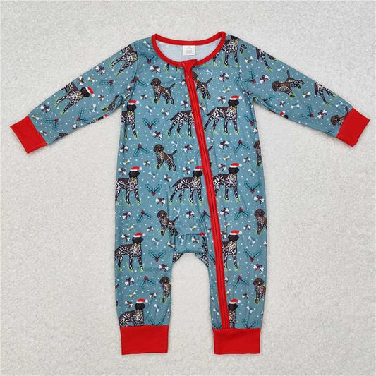 5.15 RTS NO MOQ Baby Boys Bodysuit LR1768 Christmas Dogs Bamboo Zip Long Sleeve Rompers